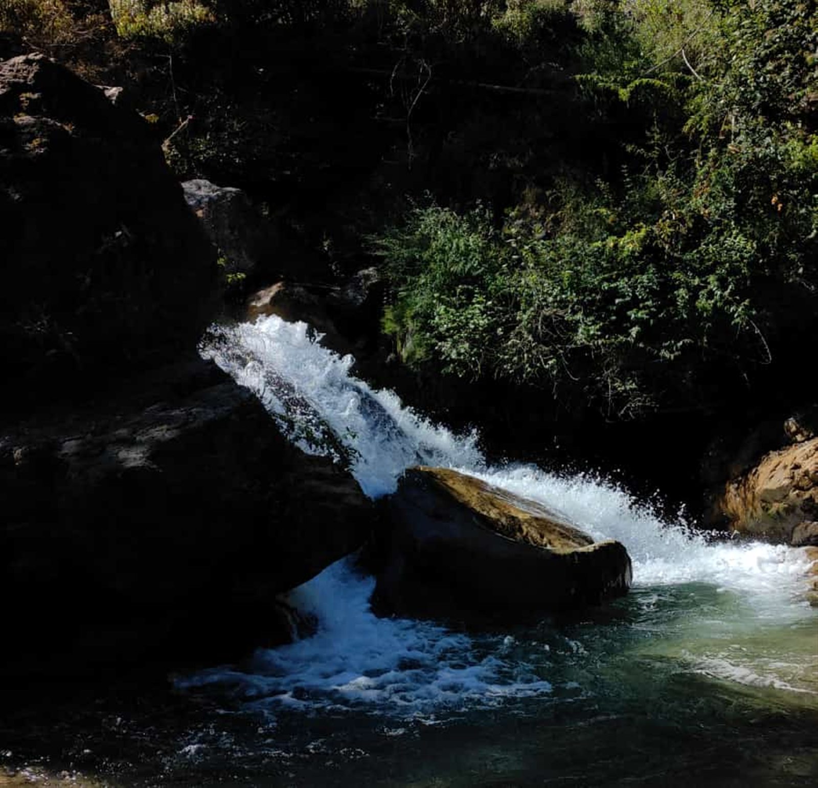A small waterfall rushing over a dark rock into a pool.