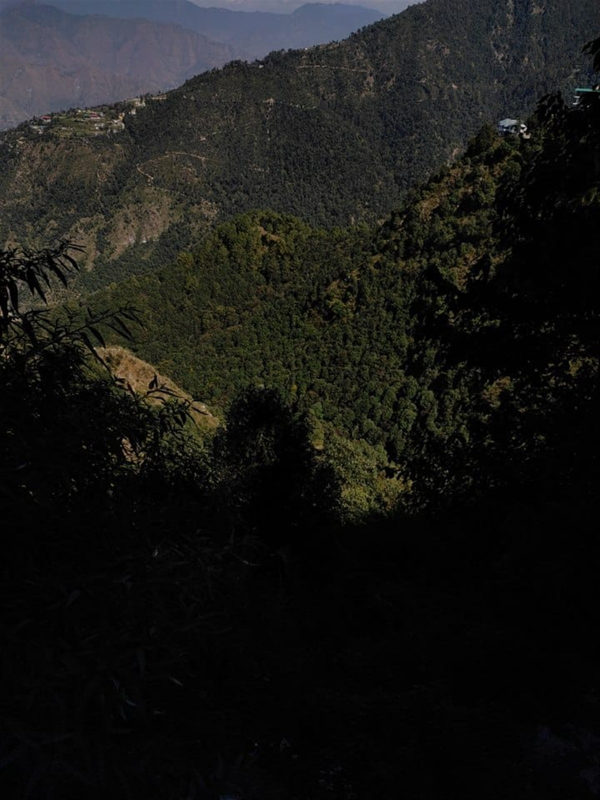 A steep green valley stretching toward distant ridges.