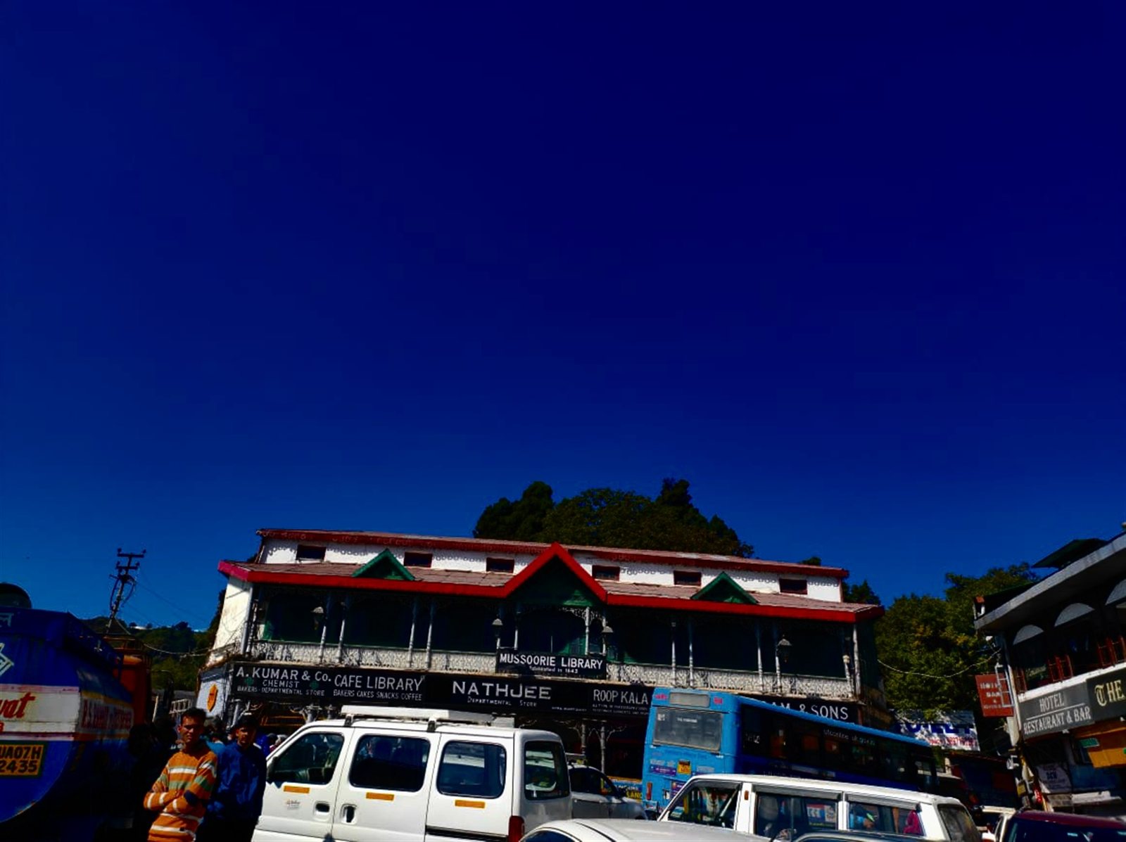 The Mussoorie Library building and street traffic on Mall Road.